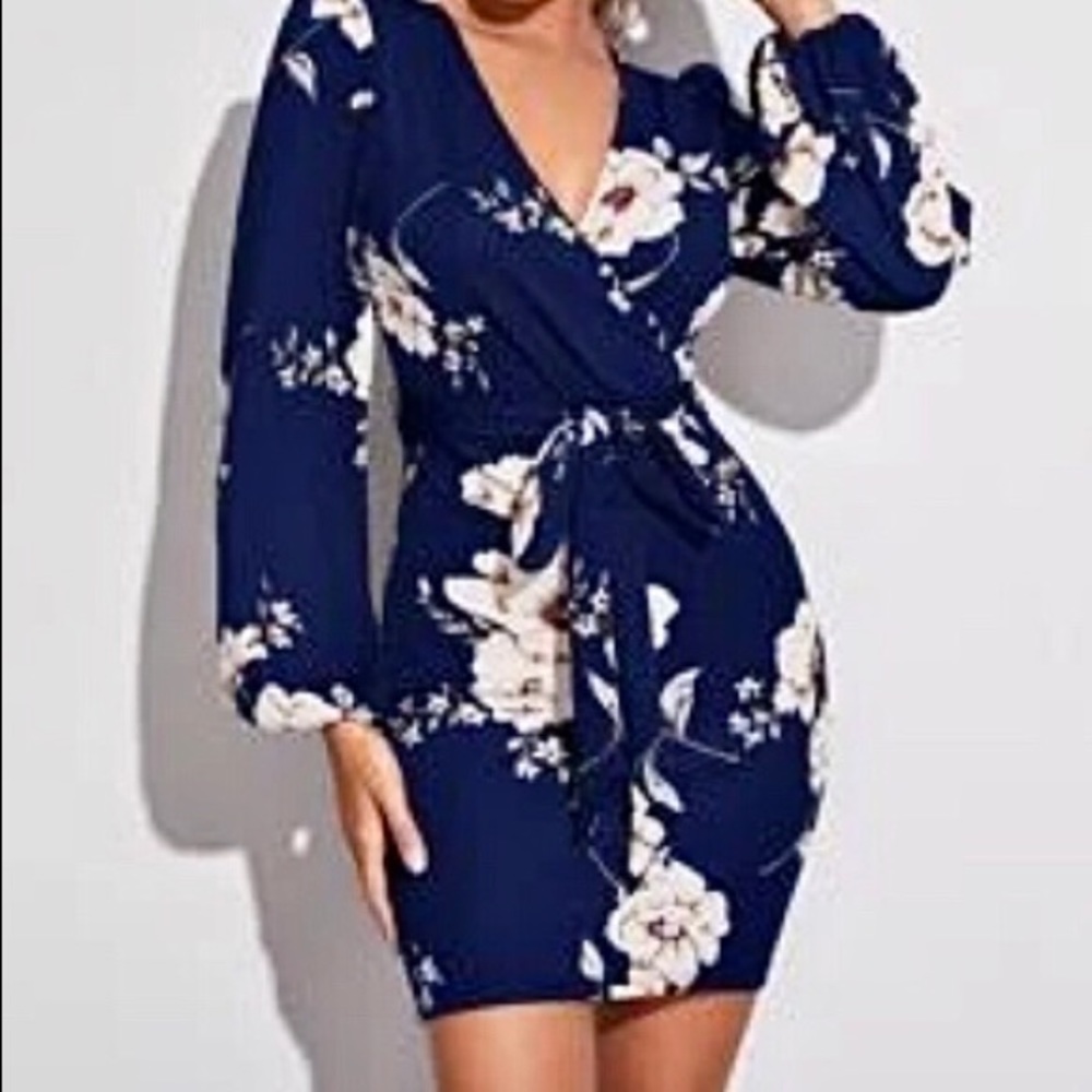 Navy Floral Lantern Sleeve Belted Dress